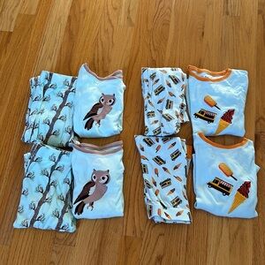 Four pairs of Leveret kids pajamas - owls and ice cream